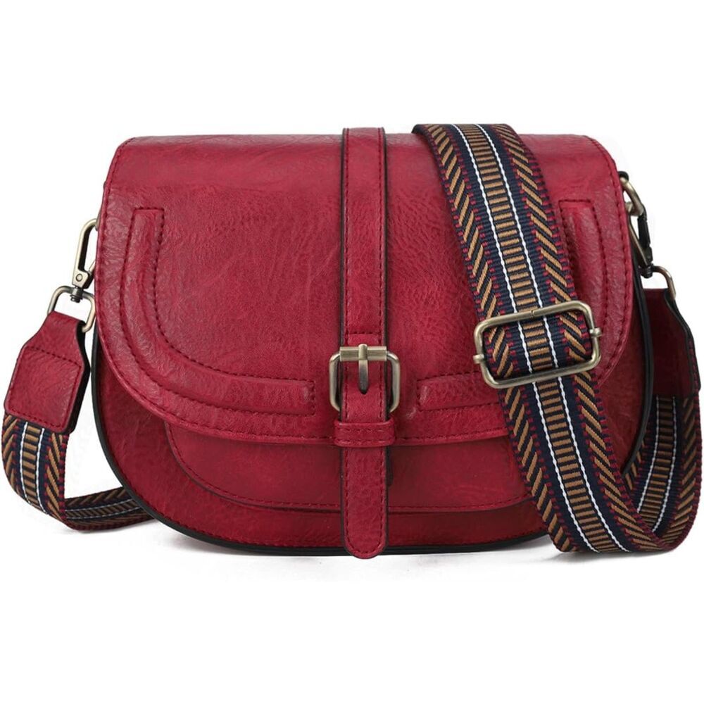 Women Burgundy Guitar Strap Imported Vegan Leather Saddle Cross Body Handbag